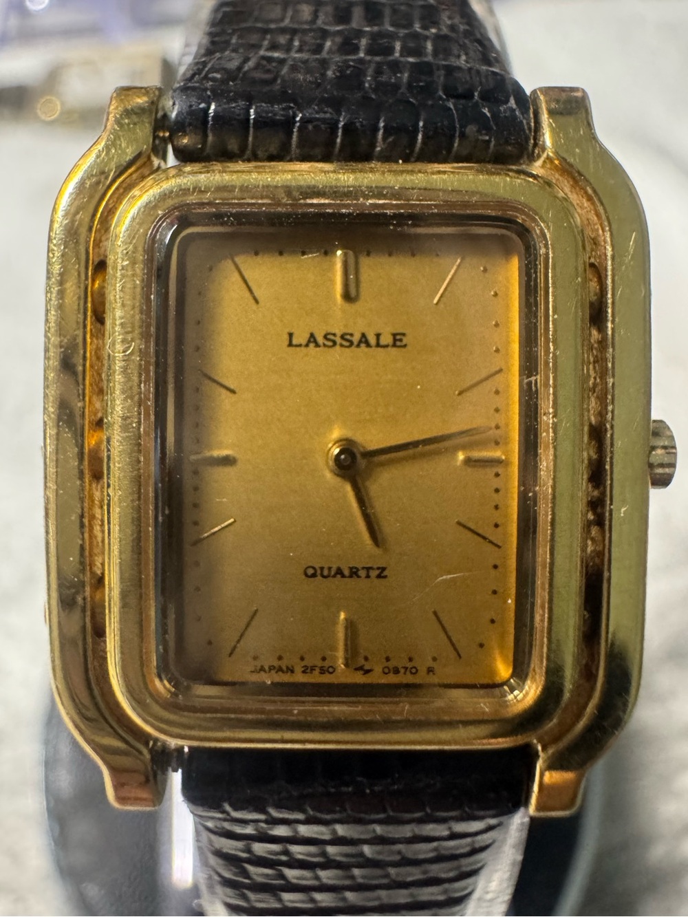 Gold-Tone Quartz Watch with Black Leather Strap